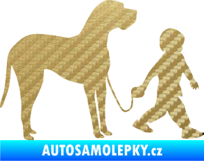Samolepka Chlapec venčí psa pravá 3D karbon zlatý
