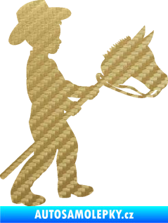 Samolepka Děti silueta 012 pravá kluk s dřevěným koníkem 3D karbon zlatý