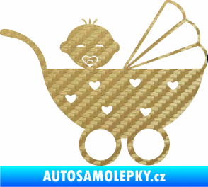 Samolepka Dítě v autě 070 pravá kočárek s miminkem 3D karbon zlatý