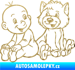 Samolepka Dítě v autě 087 levá chlapeček s pejskem 3D karbon zlatý