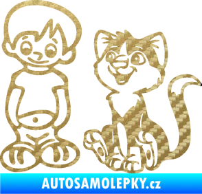 Samolepka Dítě v autě 097 levá kluk a kočka 3D karbon zlatý