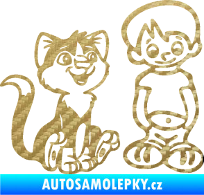 Samolepka Dítě v autě 097 pravá kluk a kočka 3D karbon zlatý