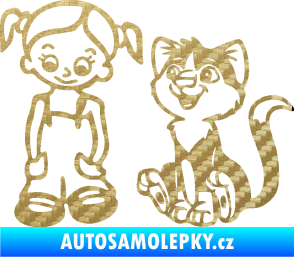 Samolepka Dítě v autě 098 levá holčička a kočka 3D karbon zlatý