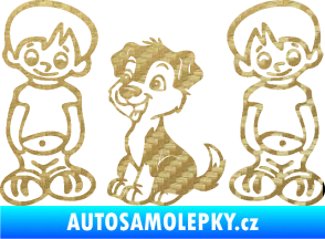 Samolepka Dítě v autě 103 levá dva kluci a pes 3D karbon zlatý