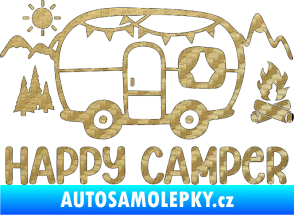 Samolepka Happy camper 002 pravá kempování s karavanem 3D karbon zlatý