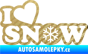 Samolepka I love snow nápis s vločkou 3D karbon zlatý