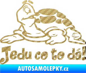 Samolepka Jedu co to dá! 001 levá nápis se želvou 3D karbon zlatý