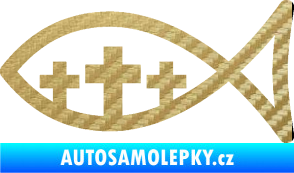 Samolepka Jesus rybička 005 tři kříže křesťanský symbol 3D karbon zlatý