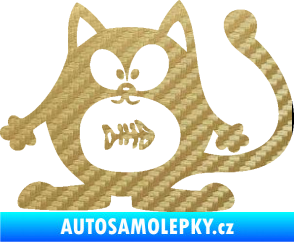 Samolepka Kočka 042 levá s rybou v bříšku 3D karbon zlatý