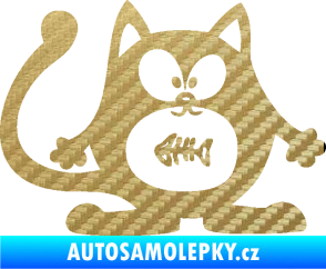 Samolepka Kočka 042 pravá s rybou v bříšku 3D karbon zlatý