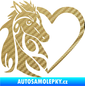 Samolepka Koník love 001 levá hříbátko v srdíčku 3D karbon zlatý