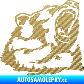 Samolepka Krajina hory 032 pravá les s medvědem 3D karbon zlatý