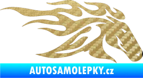 Samolepka Kůň 022 pravá hlava s plameny 3D karbon zlatý