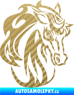 Samolepka Kůň 069 pravá hlava s hřívou 3D karbon zlatý