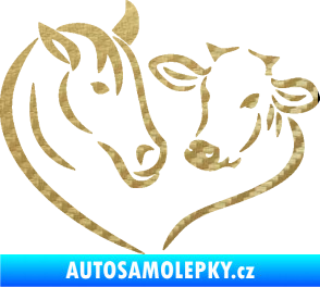 Samolepka Kůň s kravičkou v srdíčku levá láska ke zvířatům 3D karbon zlatý