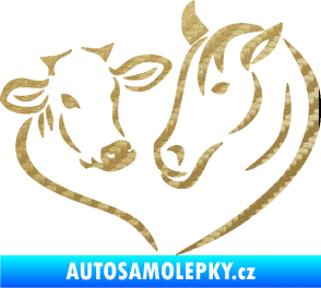 Samolepka Kůň s kravičkou v srdíčku pravá láska ke zvířatům 3D karbon zlatý