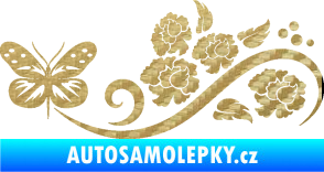 Samolepka Květina dekor 015 levá s motýlem 3D karbon zlatý