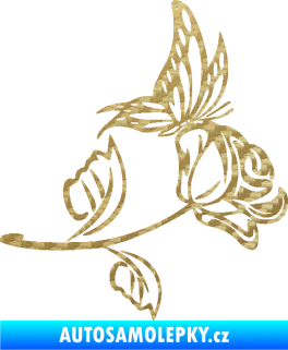 Samolepka Květina dekor 030 pravá růže s motýlkem 3D karbon zlatý