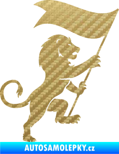 Samolepka Lev heraldika 005 pravá s praporem 3D karbon zlatý