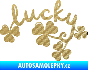 Samolepka Lucky nápis štěstí se čtyřlístky 3D karbon zlatý