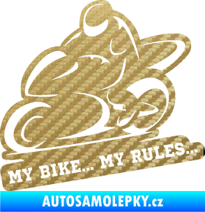 Samolepka Motorkář 012 levá s textem 3D karbon zlatý
