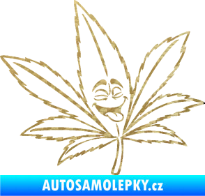 Samolepka Travka 003 pravá lístek marihuany s obličejem 3D karbon zlatý