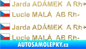 Samolepka Vlajka ČR se jménem a krevní skupinou 3D karbon zlatý