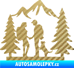 Samolepka Zamilovaná turistika 001 levá výlet s pejskem 3D karbon zlatý