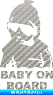 Samolepka Baby on board 002 levá s textem miminko s brýlemi 3D karbon stříbrný