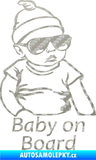 Samolepka Baby on board 003 pravá s textem miminko s brýlemi 3D karbon stříbrný