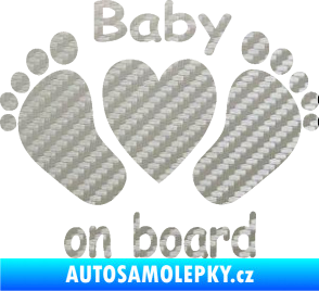 Samolepka Baby on board 004 s textem nožičky se srdíčkem 3D karbon stříbrný
