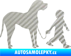 Samolepka Chlapec venčí psa pravá 3D karbon stříbrný