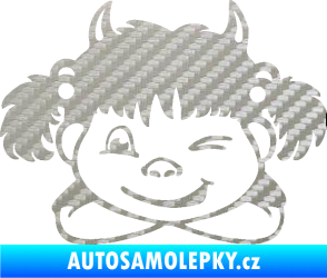 Samolepka Dítě v autě 056 levá holčička čertice 3D karbon stříbrný