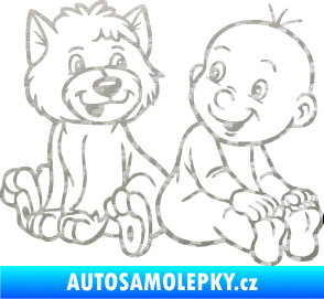 Samolepka Dítě v autě 087 pravá chlapeček s pejskem 3D karbon stříbrný
