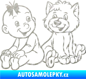 Samolepka Dítě v autě 095 levá holčička s pejskem 3D karbon stříbrný