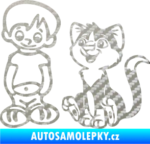 Samolepka Dítě v autě 097 levá kluk a kočka 3D karbon stříbrný
