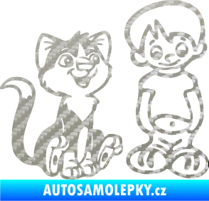 Samolepka Dítě v autě 097 pravá kluk a kočka 3D karbon stříbrný