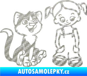 Samolepka Dítě v autě 098 pravá holčička a kočka 3D karbon stříbrný