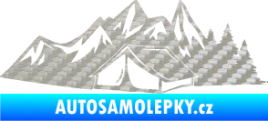 Samolepka Kempování 002 levá stan a hory 3D karbon stříbrný