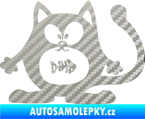 Samolepka Kočka 042 levá s rybou v bříšku 3D karbon stříbrný