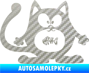Samolepka Kočka 042 pravá s rybou v bříšku 3D karbon stříbrný