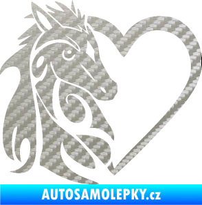 Samolepka Koník love 001 levá hříbátko v srdíčku 3D karbon stříbrný