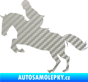 Samolepka Kůň 014 levá skok s jezdcem 3D karbon stříbrný