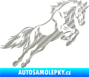 Samolepka Kůň 050 pravá ve skoku 3D karbon stříbrný
