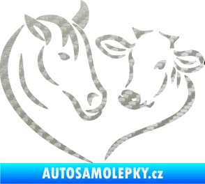 Samolepka Kůň s kravičkou v srdíčku levá láska ke zvířatům 3D karbon stříbrný