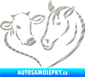 Samolepka Kůň s kravičkou v srdíčku pravá láska ke zvířatům 3D karbon stříbrný