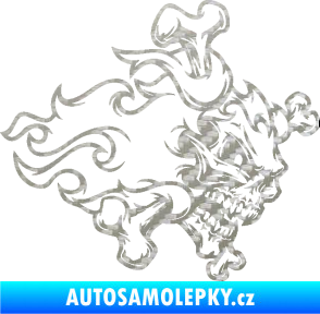 Samolepka Lebka 022 pravá kosti v plamenech 3D karbon stříbrný