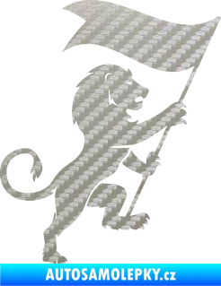 Samolepka Lev heraldika 005 pravá s praporem 3D karbon stříbrný