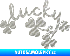 Samolepka Lucky nápis štěstí se čtyřlístky 3D karbon stříbrný