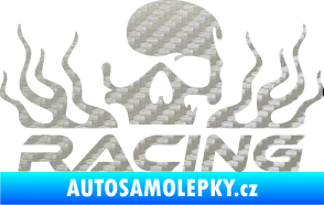 Samolepka Racing nápis s lebkou levá 3D karbon stříbrný
